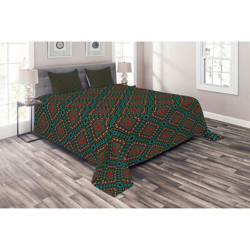Ethnic Rustic Polyester Geometric Shapes Coverlet, King Bedspread + 2 Shams