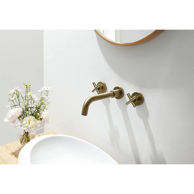 Robinet de salle de bain en laiton massif à fixation murale - or brossé, construit, 2 poignées montées en or pour la stabilité, croix classique