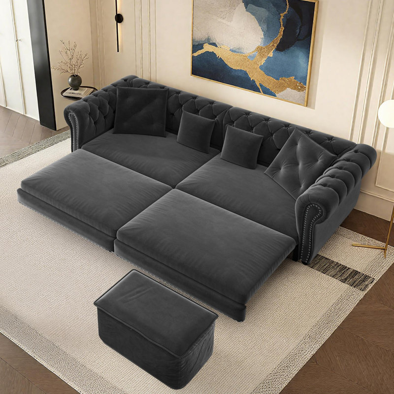 Canapé-lit convertible 89 po en velours Chesterfield, Gris