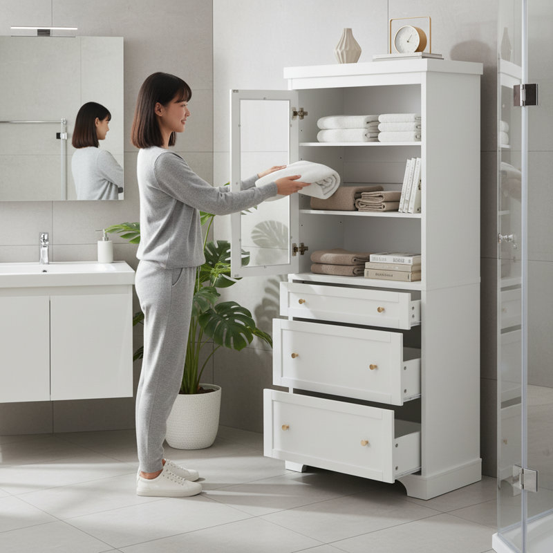Grande armoire de rangement 70,1 po pour salle de bain moderne - autoportante avec portes en verre, 2 tablettes réglables, 3 tiroirs - pour la salle de bain, la cuisine, le salon | Idée cadeau
