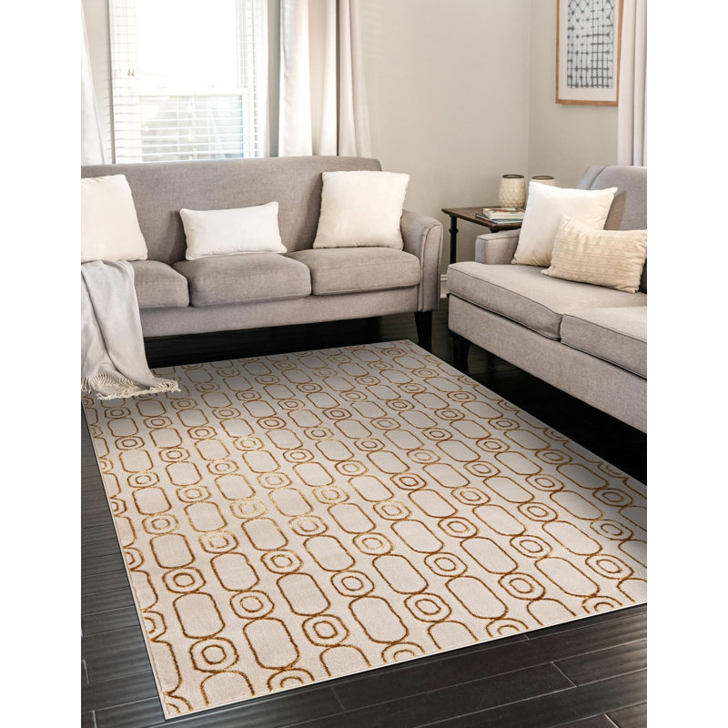 Tapis contemporain blanc et doré Vincente, Rectangle 10 pi x 13 pi 1 po