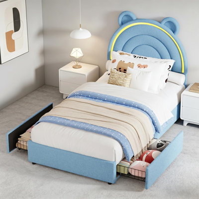 Cadre de lit, cadre de lit tapissier simple avec 2 tiroirs de rangement et lumières DEL, lit plateforme tapissier de velours avec tête de lit arc-en-ciel, support de lattes en bois de lit plateforme Velvet Princess, aucun sommier nécessaire