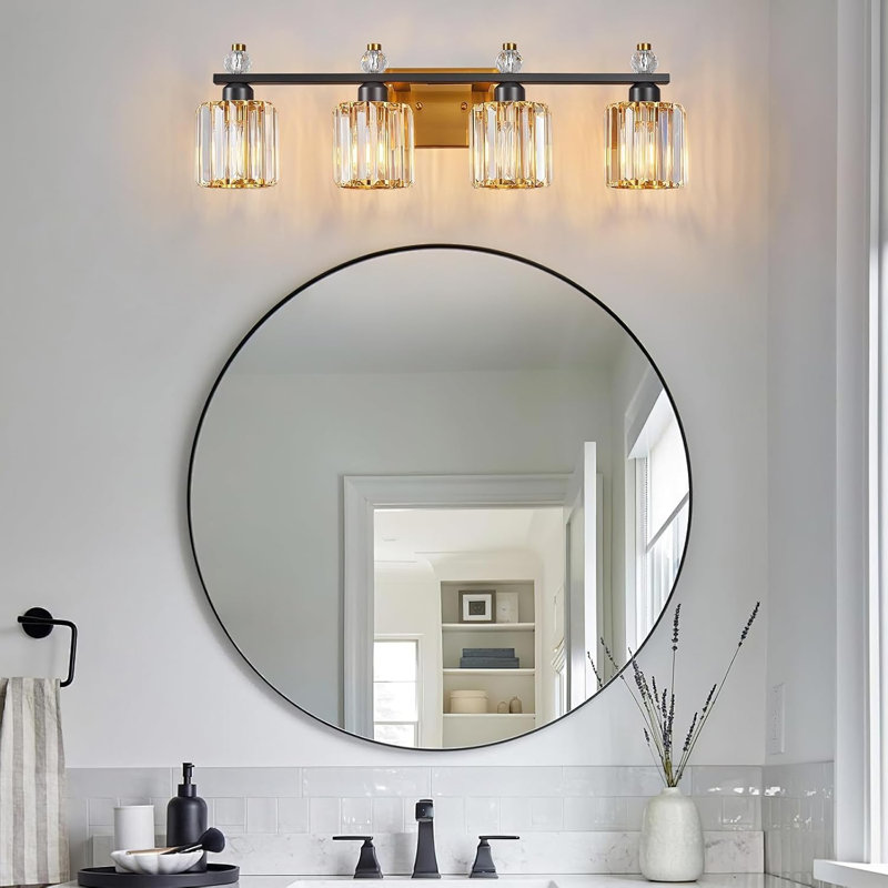 Luminaire de salle de bain moderne en cristal chromé à 4 lumières pour installation au-dessus d'un miroir, Noir