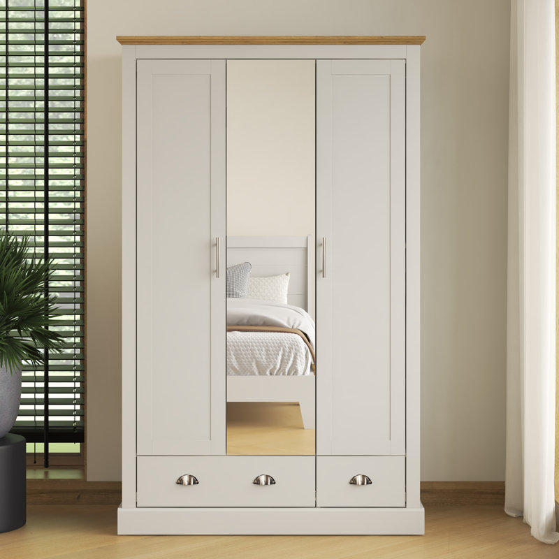 Sufy Annakay 3 Door 2 Drawer Wardrobe with Mirror, Light Grey