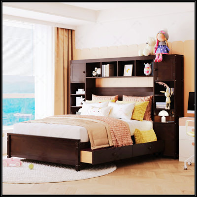 Full Size Wooden Bed With All-In-One Cabinet And Shelf