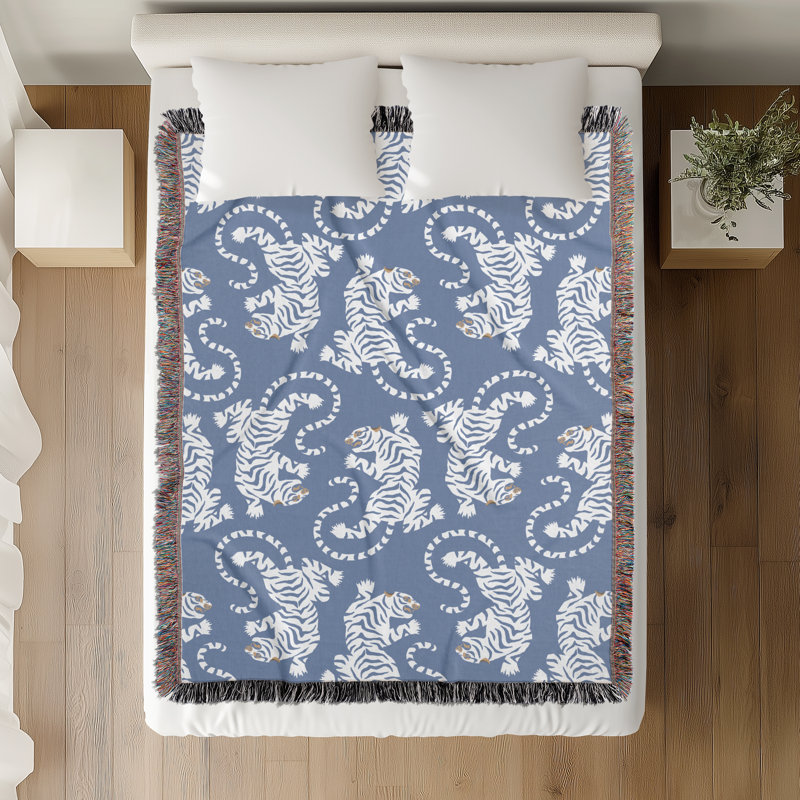 Jeté en mélange de coton Leonard Tiger, Bleu clair / blanc cassé, L 80 po x l 60 po