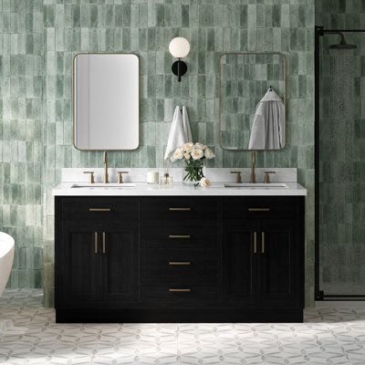 Meuble-lavabo double en bois massif de 66 po avec plateau en marbre de Carrare de 1,5 po Thornaby