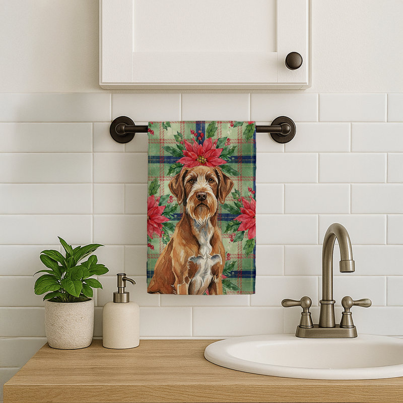 Wirehaired Pointing Griffon Christmas PoinsettIas Kitchen Towel, Brown/White Wirehaired Pointing Griffon