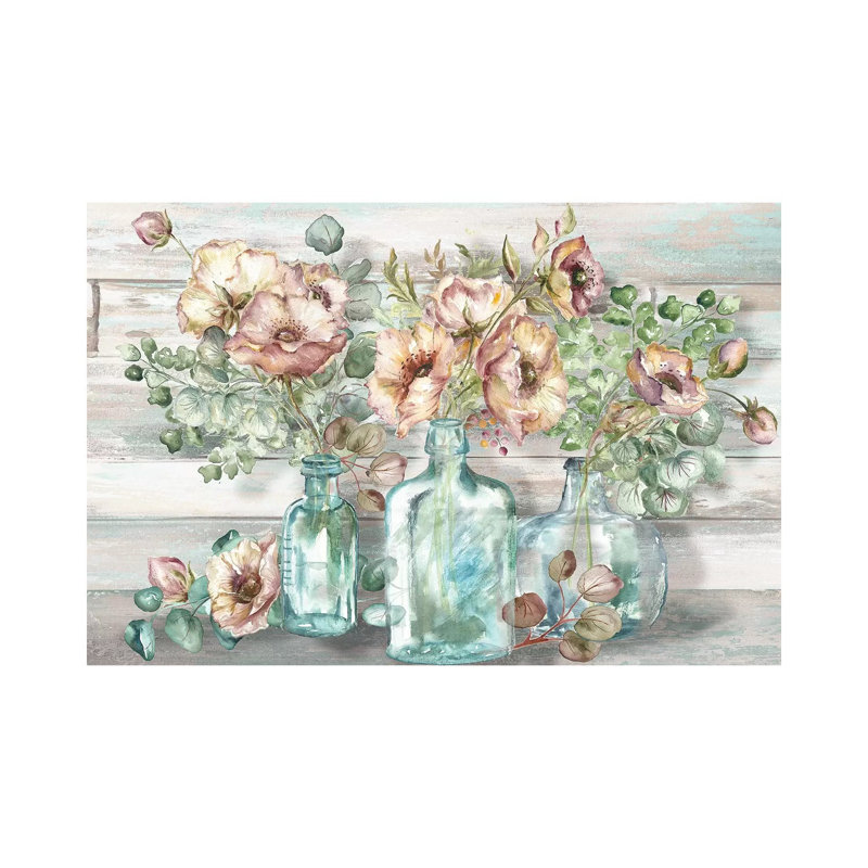 «Blush Poppies and Eucalyptus in Bottles Landscape» par Tre Sorelle Studios - reproduction d'art, Toile tendue