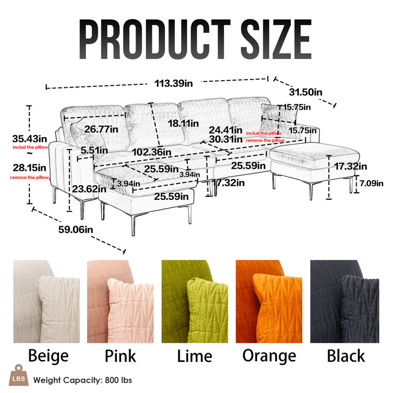 Canapé modulaire avec méridienne de 113,39 po avec repose-pieds Mialacs, Velours rose
