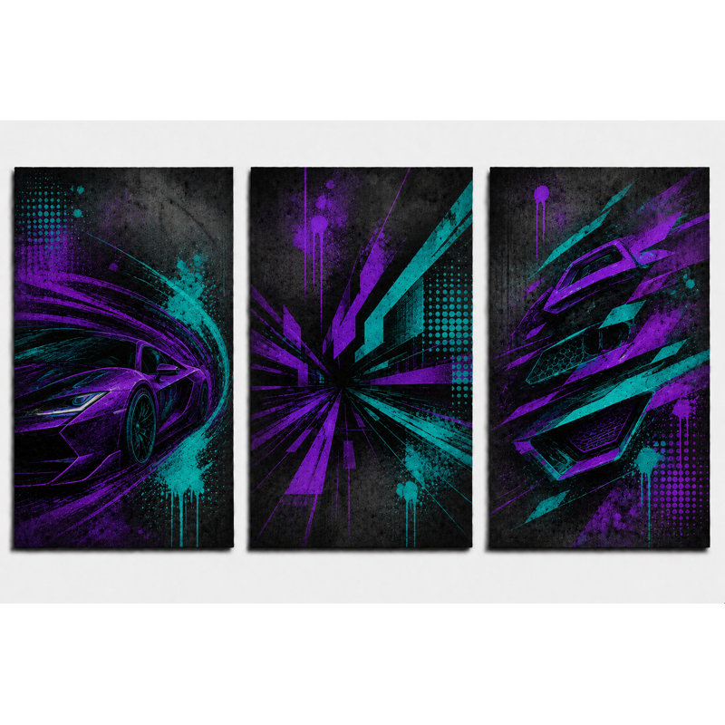 Très grand ensemble de 3 impressions murales mauves de voiture de sport exotique mauve pour garage
