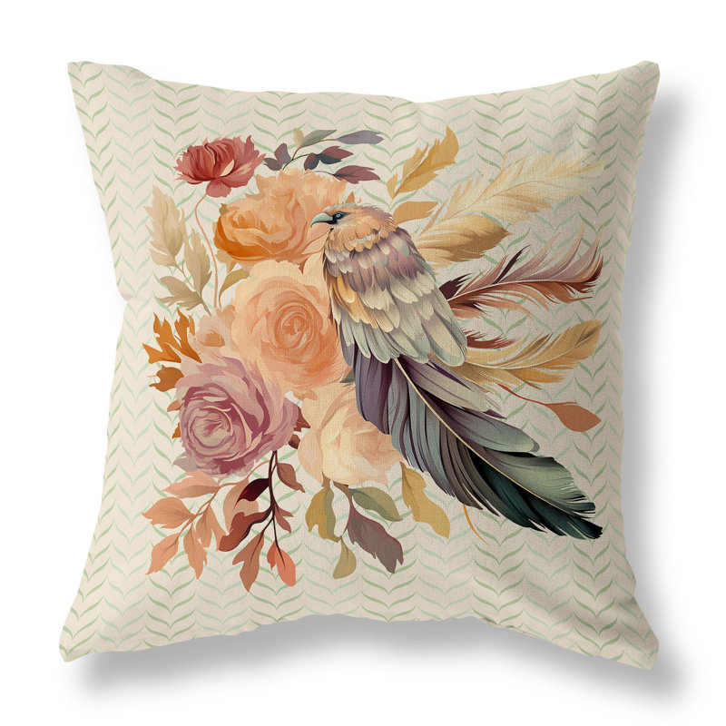 Feathered Bouquet Floral Outdoor Reversible Throw Pillow, 26"H x 26"W, Green/Beige Floral, Broadcloth
