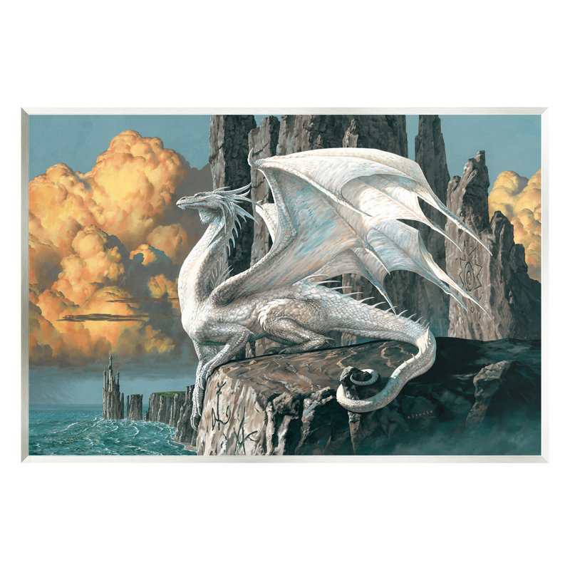 «Dragon perché sur une falaise» par Ciruelo, H 13 po x l 19 po
