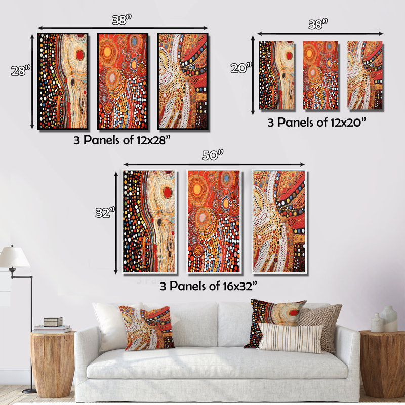 Aboriginal Circular Dot Amber Compositions IV - Transitional Art Set Of 3 Pieces, H 32 po x l 48 po, Cadre noir
