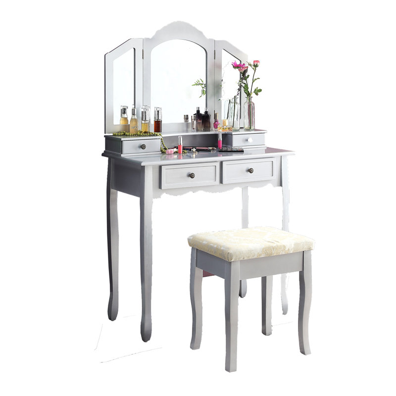 Ensemble coiffeuse et tabouret en bois Sanlo, Argent