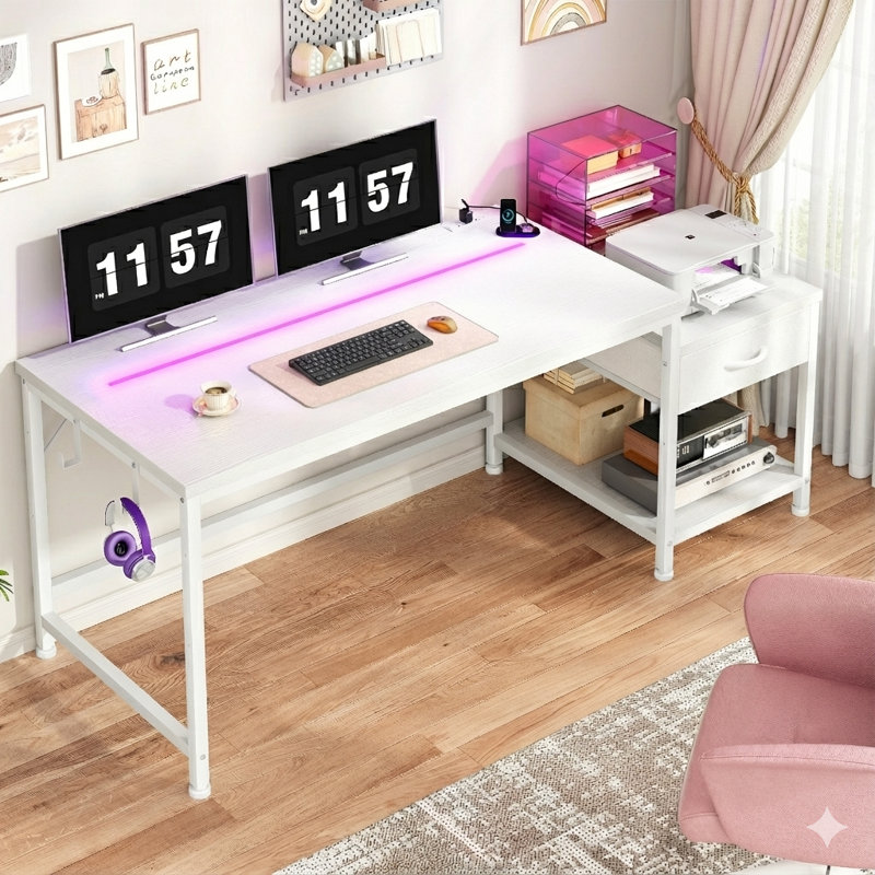 Petit bureau d'ordinateur de 48 po avec tablette pour imprimante et tablettes de rangement, bureau de jeu avec lumières DEL et prise de courant, bureau d'angle réversible avec crochet pour casque d'écoute pour bureau à domicile