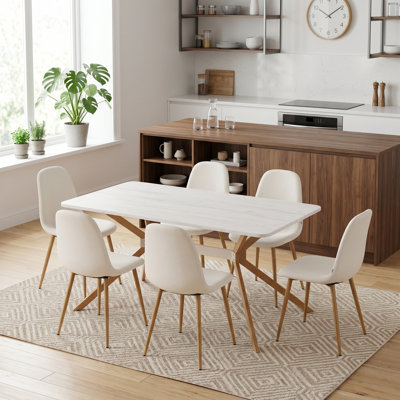 55.1" Rectangular White Wood Veneer Dining Table With 6 Fabric Dining Side Chairs For Kitchen, Dining Room, Living Room