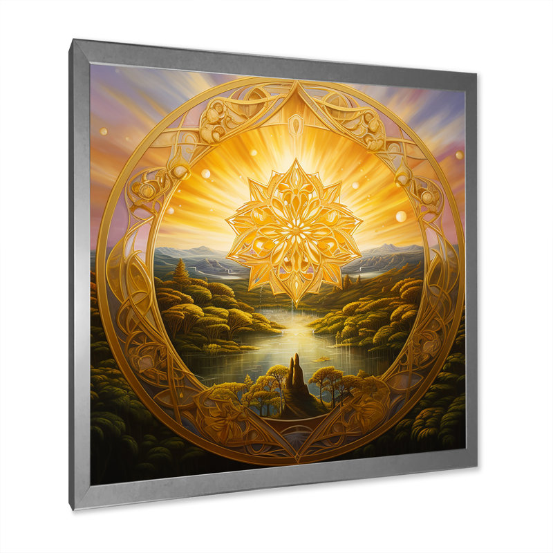 Paysage de mandala doré Awaken, Cadre simple argenté, H 16 po x l 16 po x P 1 po