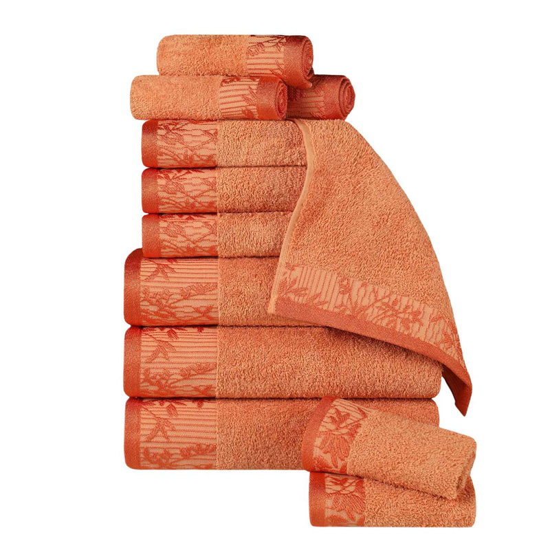 Ensemble de serviettes de bain en coton de poids moyen à bordure florale en jacquard pour la salle de bain Carinna, Mandarian