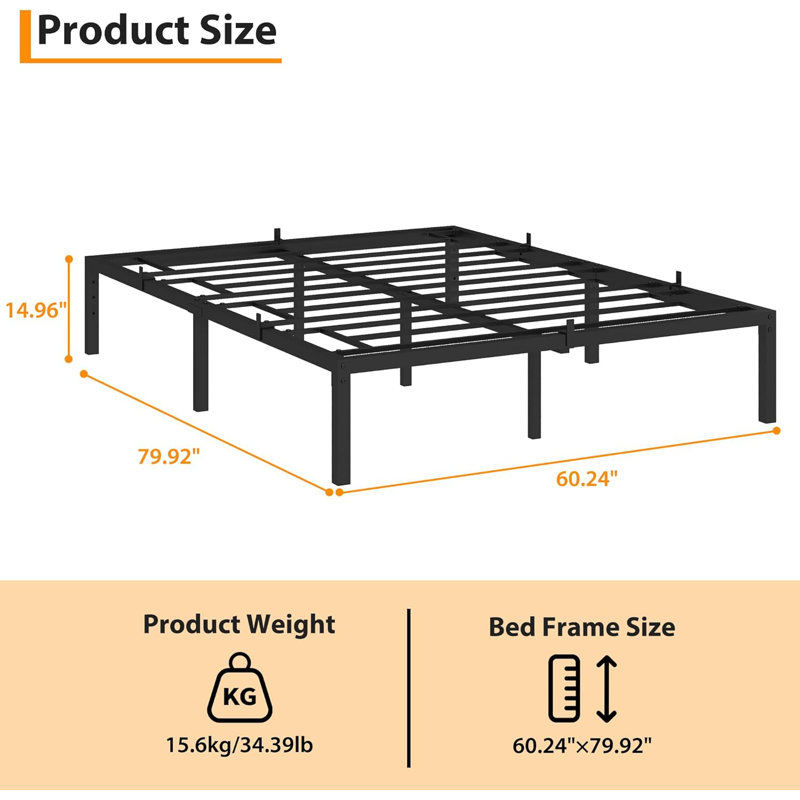 Queen Metal Platform Bed Frame with Reinforced Steel Slats – Silent, No Box Spring Needed, Under-Bed Storage, Queen