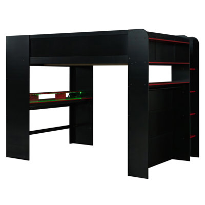 Lit double superposé en bois double avec bureau à hauteur réglable, garde-robe, grand espace de rangement et lumière RVB, rouge