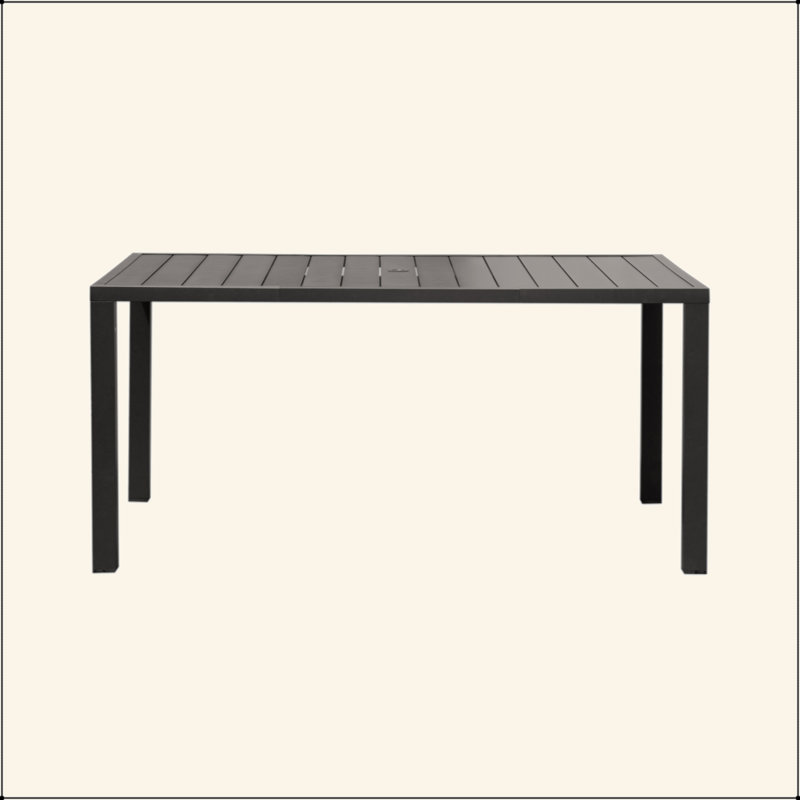 Table de salle à manger d'extérieur, table de patio rectangulaire à lattes en métal avec trou pour parasol, 6 places pour la terrasse, le jardin, la pelouse et la cour