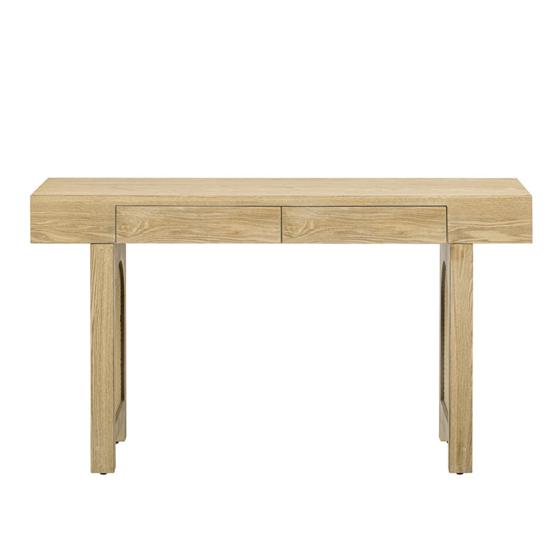 Console étroite avec décoration en rotin, table d'entrée en bois naturel avec tiroirs de rangement, élégante table de canapé rustique pour le salon et le couloir