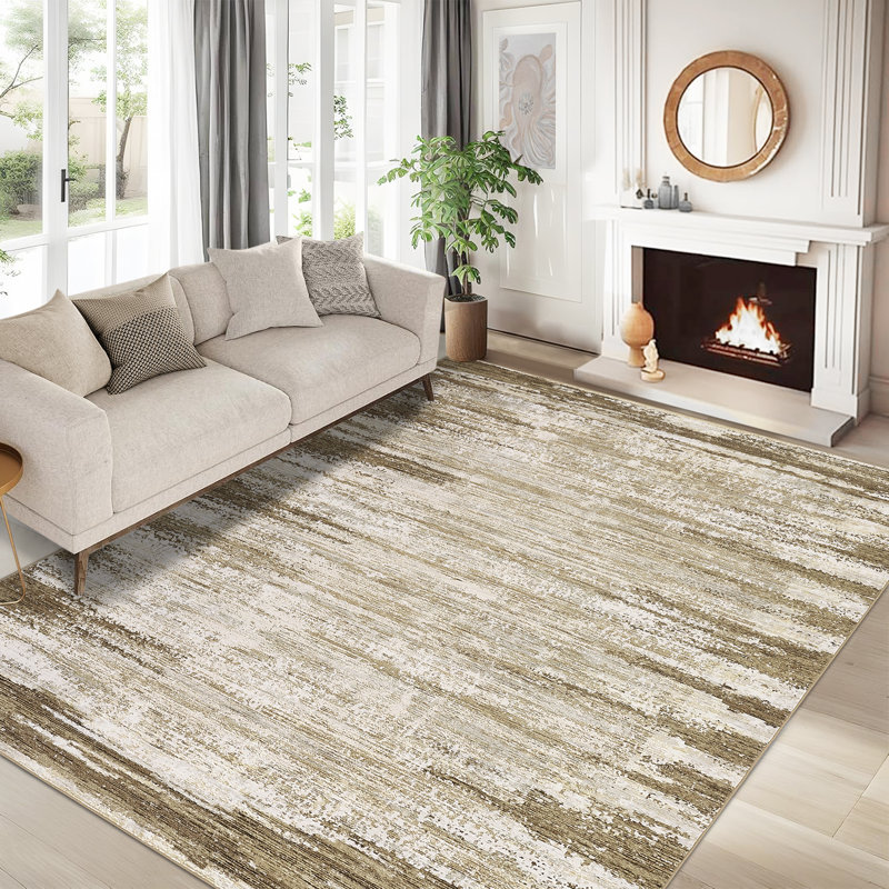Living Room Rug 9x12 Modern Abstract Striped Washable Easy Cleaning Area Rug Non Slip Non Shedding Floor Cover Stain Resistant Indoor Carpet Low Pile Folding Carpet For Bedroom Apartment Nursery,Taupe