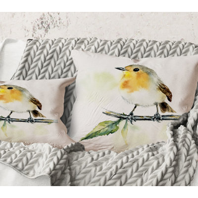 Square,Little Robin Bird On A Branch - Traditional Printed Throw Pillow