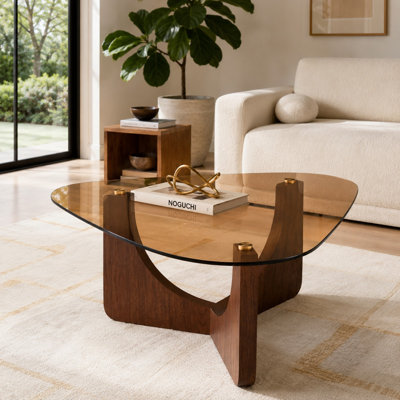Mid-Century Modern Triangle Glass Coffee Table with Walnut-Finish MDF Base