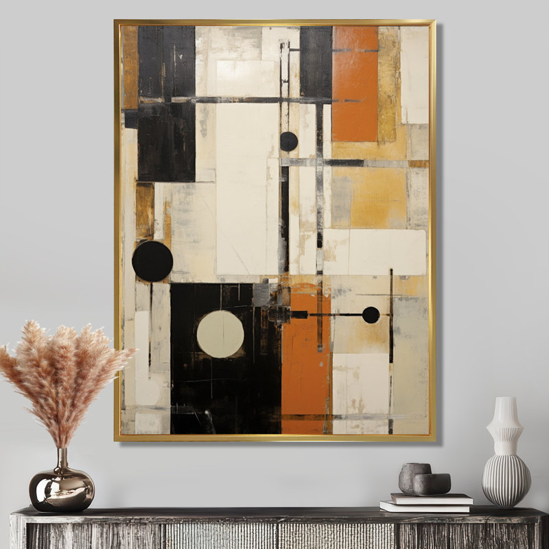 Art moderne moderne abstrait orange et beige, Toile avec cadre flottant or, H 40 po x l 30 po x P 1,5 po