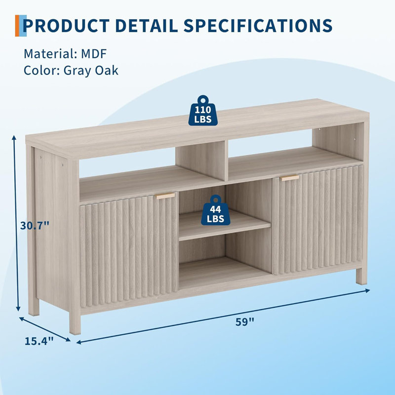 Fluted TV Stand For 65" TV, Adjustable Shelves, Oak Ash