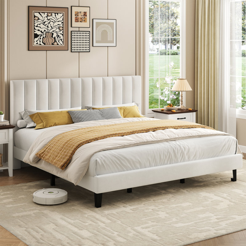 King Size Bed Frame Velvet Upholstered Platform with Adjustable Vertical Channel Tufted Headboard, No Box Spring Needed, White