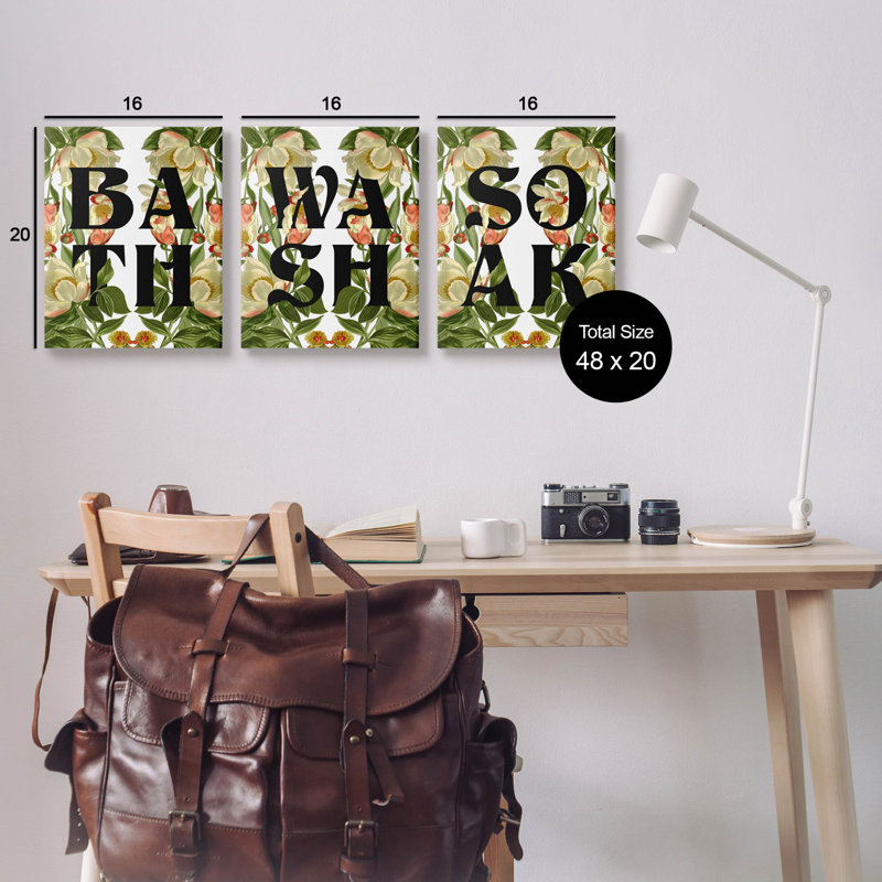 «Bath Wash Soak Floral Bathroom», ensemble d'art mural sur toile par Lil 'Rue, H 20 po x l 16 po x P 1,5 po
