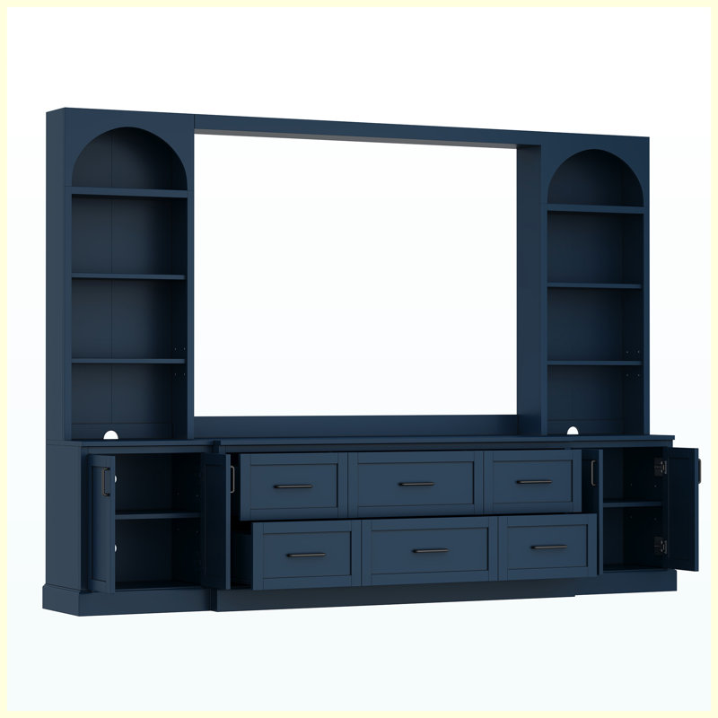 Meuble audio-vidéo encastré moderne pour téléviseur de 70 po ou moins, console multimédia tout-en-un à 6 tiroirs, tablettes et tablettes réglables, bleu