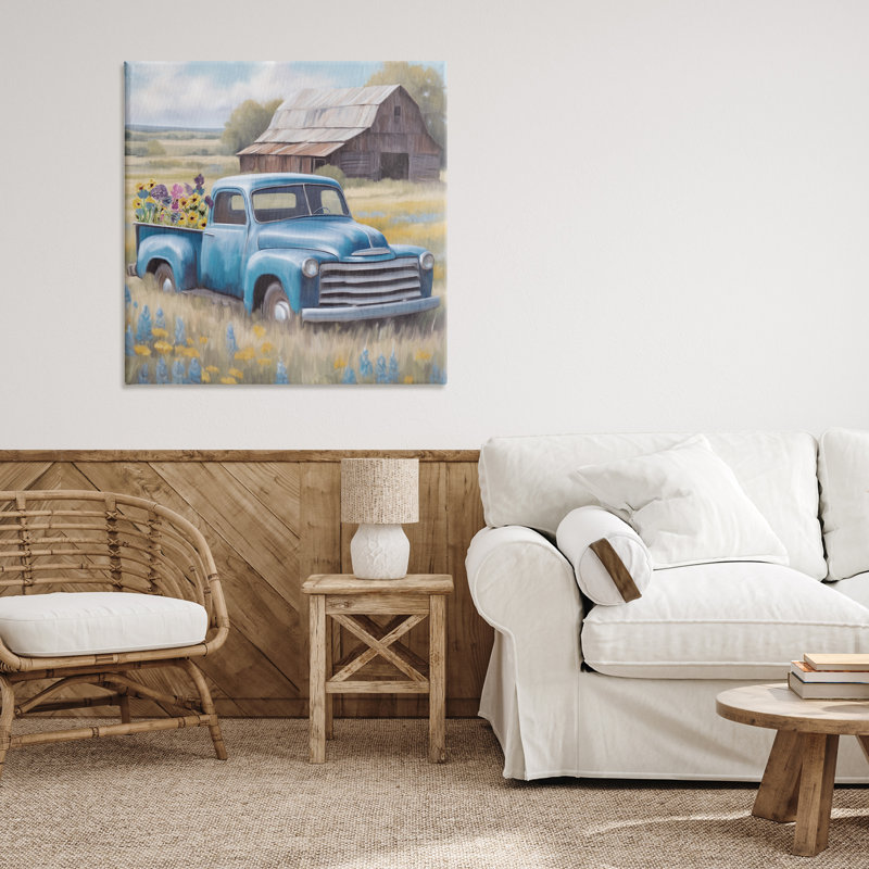 Camion à fleurs en toile bleue antique, design par Kim Allen, H 30 po x l 30 po