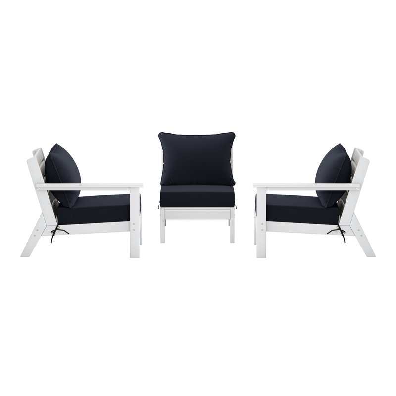 3-Piece Deep Seating Set With Cushions, White, Navy Blue