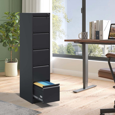 Classeur vertical à 5 tiroirs en métal avec serrure, bureau / maison, acier, inclinable, tiroirs à pleine extension pour faciliter l'accès aux documents, bureau / maison, fabrication en acier, manipulation efficace et productive