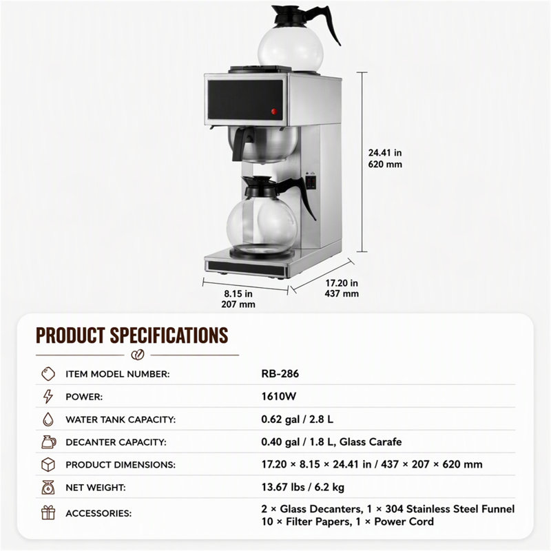 Cafetière à filtre professionnelle en acier inoxydable avec double carafe