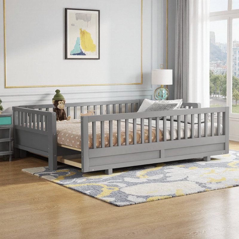 Lit plateforme simple TG en bois massif avec garde-corps - convertible en grand lit, gris, Gris, Très grand simple