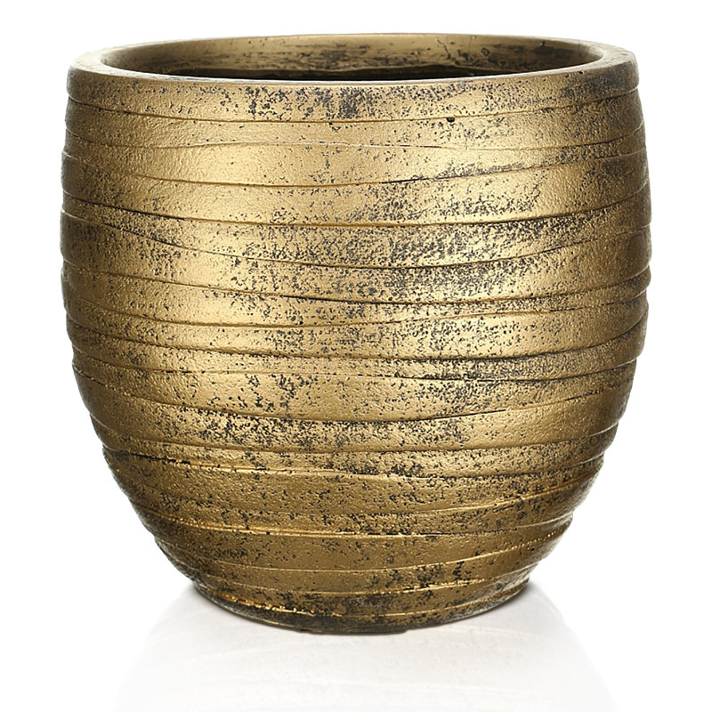 Gold Ribbed Stone Indoor Plant Pot Handmade Pot Planter, 31cm H x 37cm W x 37cm D