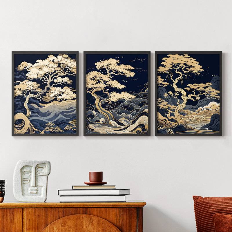Lanscape Study Series L -Set de 3 estampes numériques giclées -Prêt à accrocher, Cadre noir, H 10 po x l 8 po