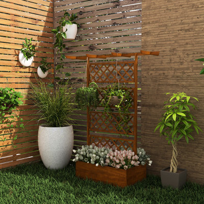 Lit à fleurs surélevé pour les grandes tailles de racines - plantes grimpantes, vignes, légumes, jardin de fleurs avec toit en forme de pergola, fleurs en bois, légumes