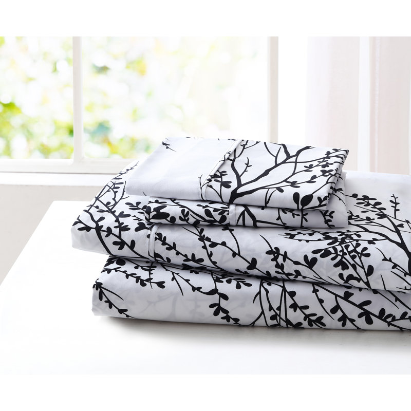 Foliage Microfiber Floral Sheet Set, Twin Sheet Set with Fitted Sheet and 1 Pillowcase, Ivory/Black