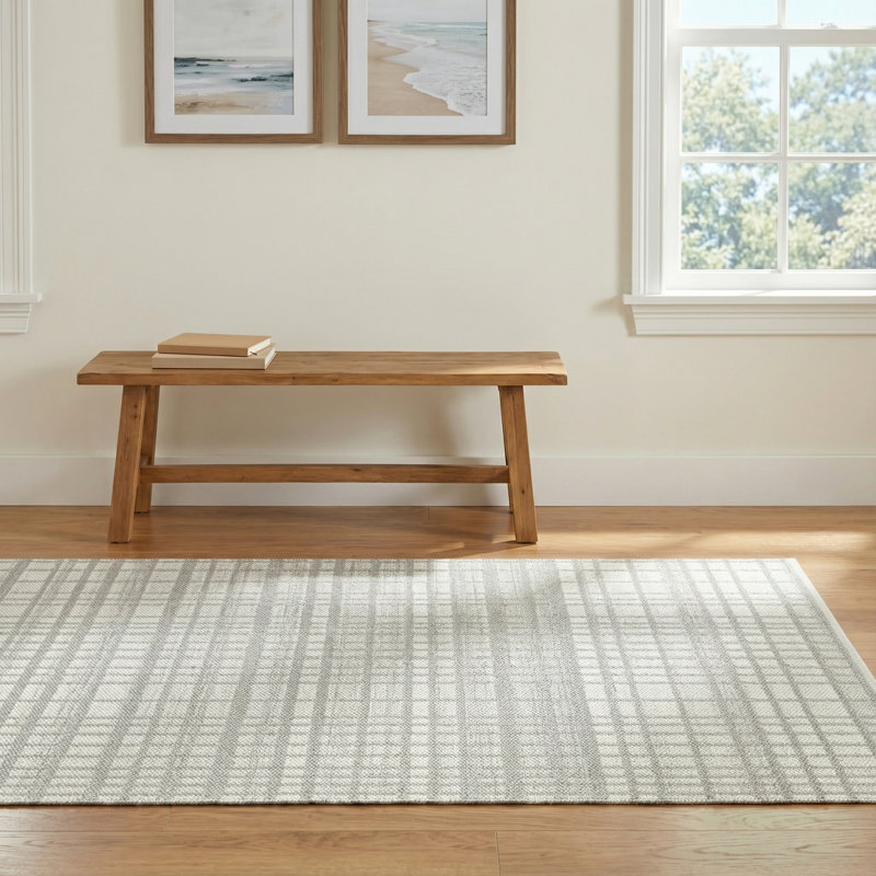 Lavande Plaid Wool Area Rug in Gray, Rectangle 5' x 7'6"