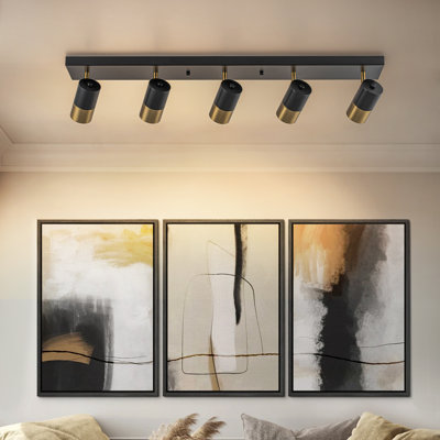 5-Light Black Gold Flush Mount Linear Track Light Kit With Rotatable Heads