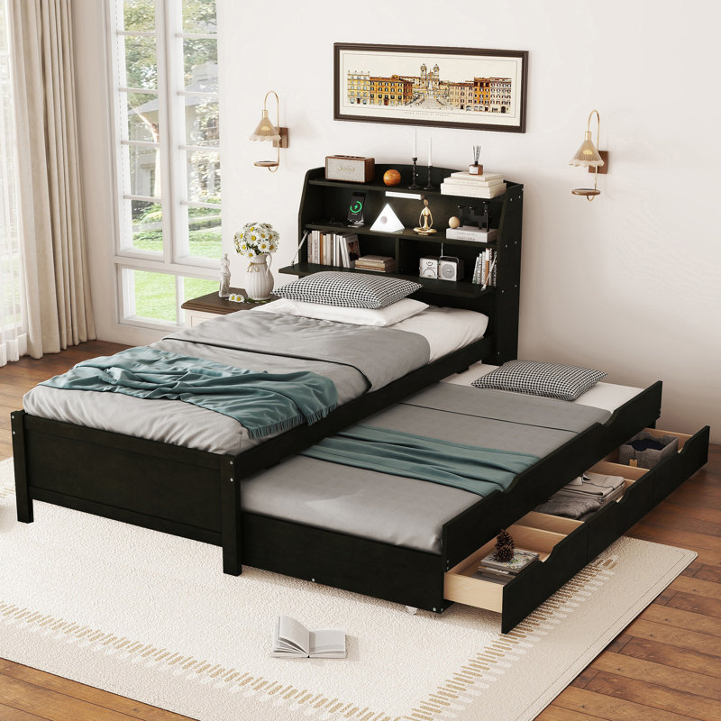 Wooden LED Platform Bed With Trundle, With Storage Headboard, With Drawers, Twin, Espresso