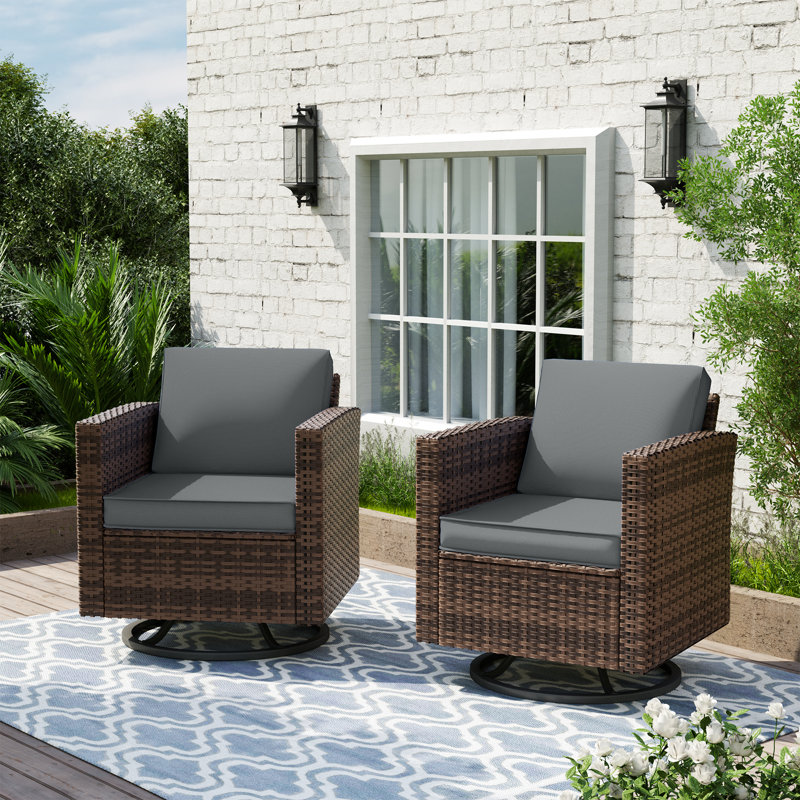 Kisner 3 Pieces Rocking Swivel Wicker Patio Chair With Cushions And Table, Gray