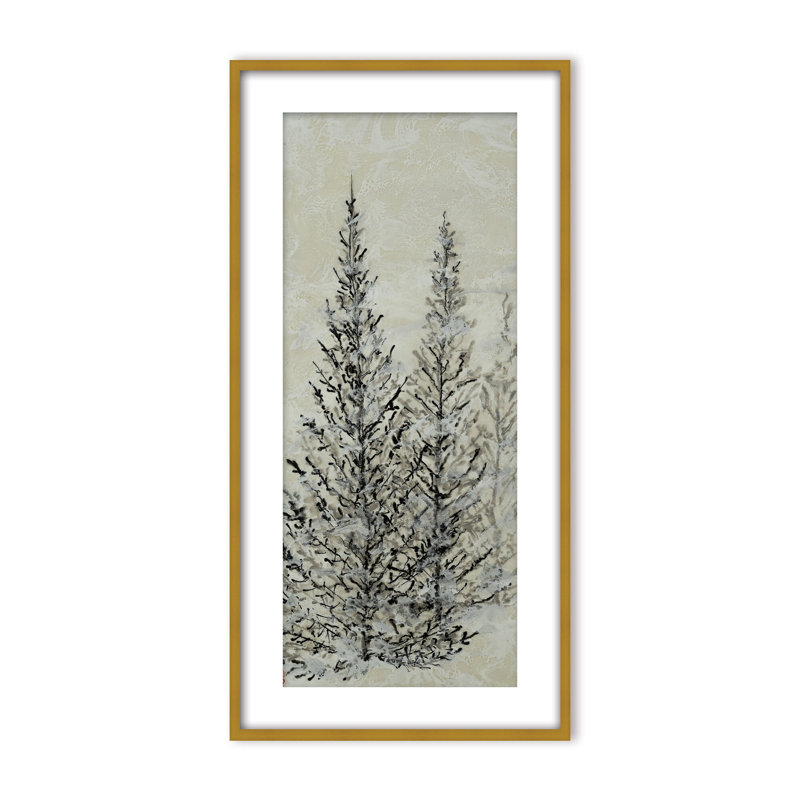 Nature Inspired "Silent Pines" Canvas Wall Art By , 16" H x 8" W x 1.125" D, Framed Matted Print, Gold