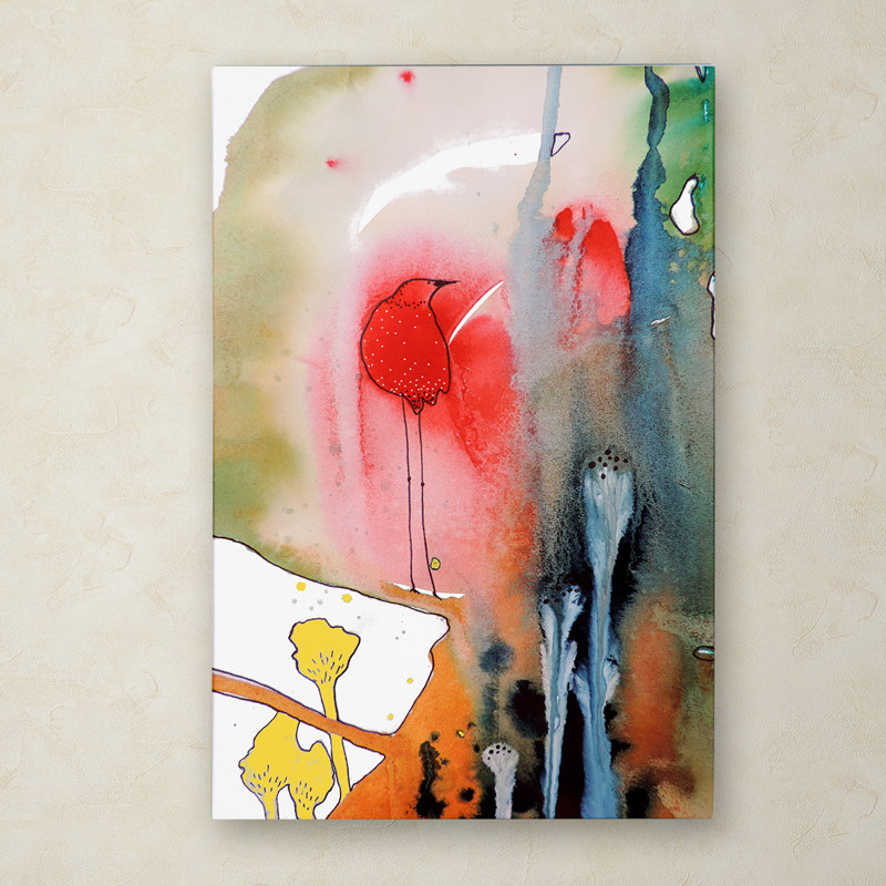 Colorful Abstract Canvas Art with Red Bird, 15" x 20"